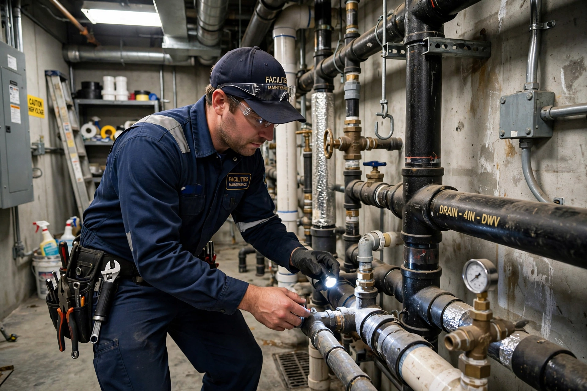 Technician inspecting commercial building drain pipes in a mechanical room