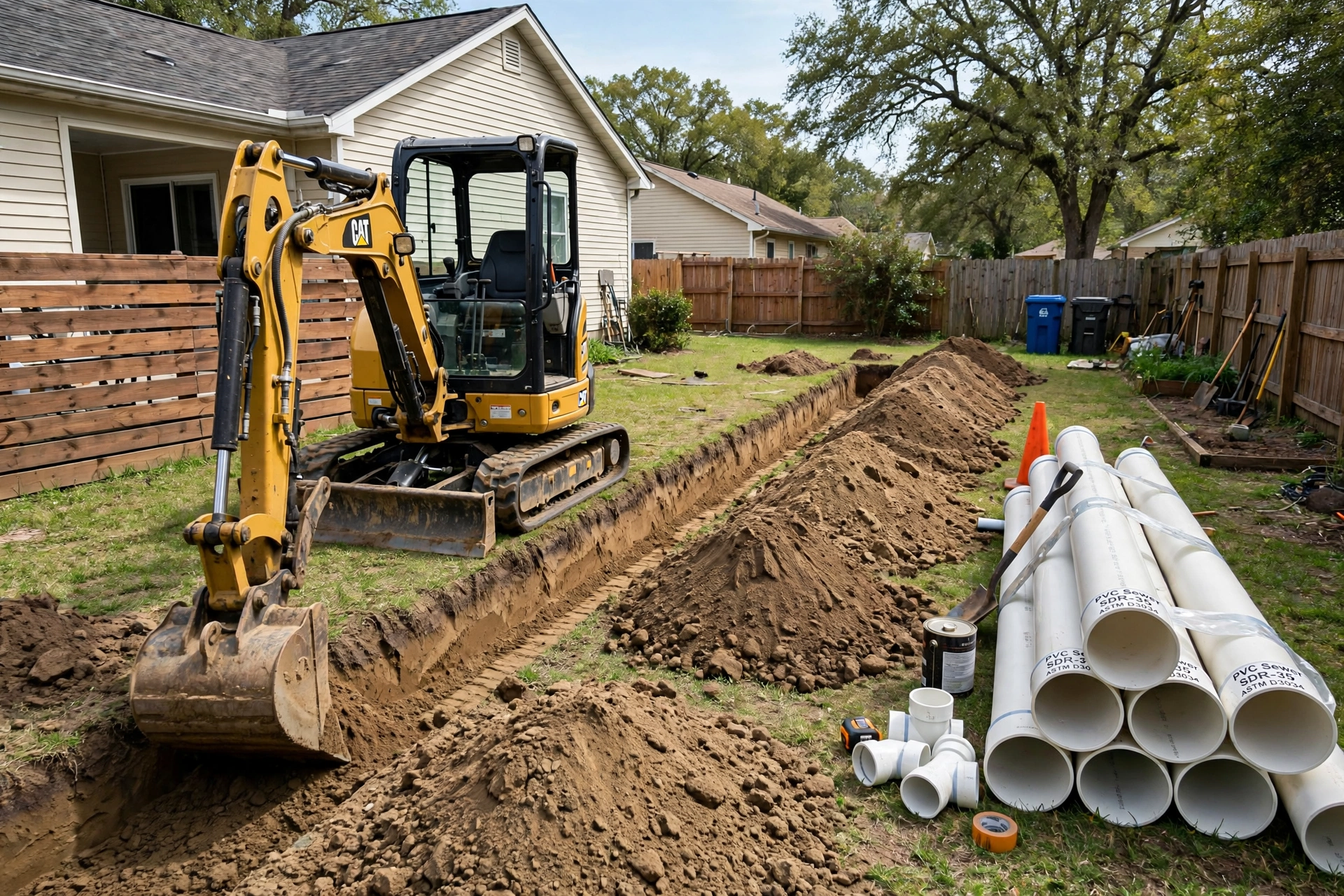 Pipe bursting equipment replacing an old sewer line with new HDPE pipe with minimal digging