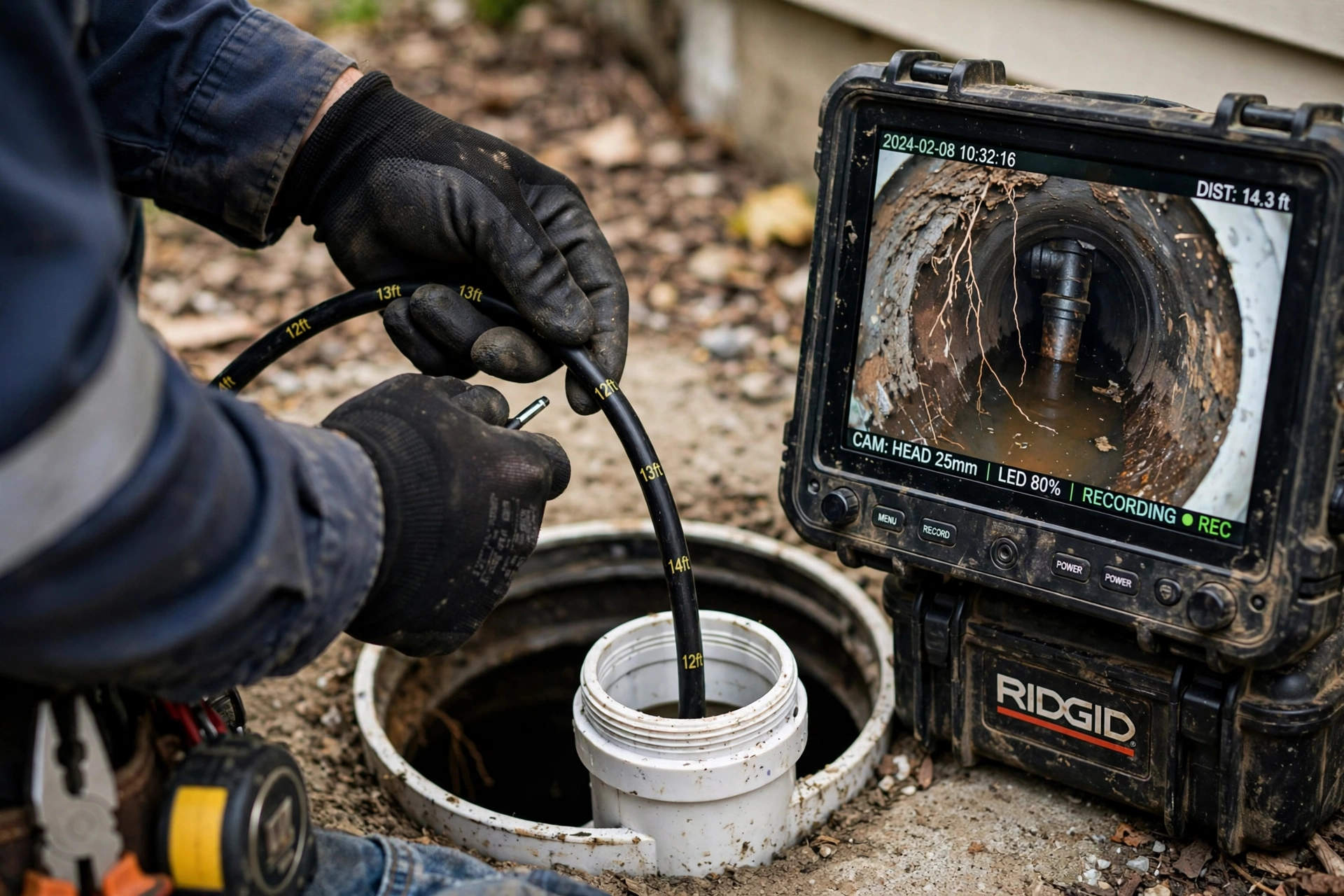 Leak detection specialist using camera and locating equipment to find a sewer line leak
