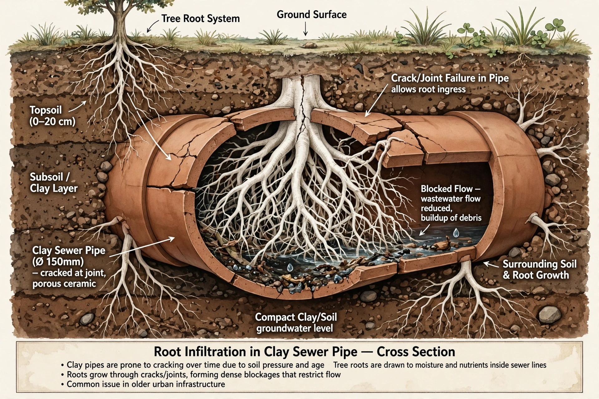 Tree roots invading a sewer pipe joint — cutaway view