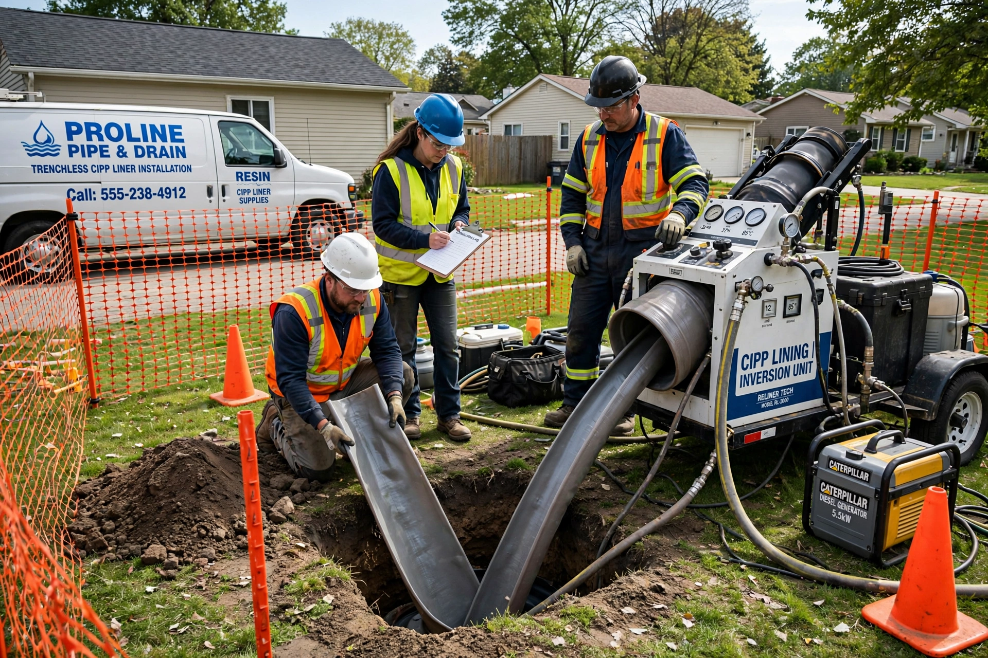 Cured-in-place pipe lining being installed inside an existing sewer line without excavation